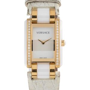 Versace Classic Gold Tone Watch Diamond Bezel White Alligator Leather Strap Band